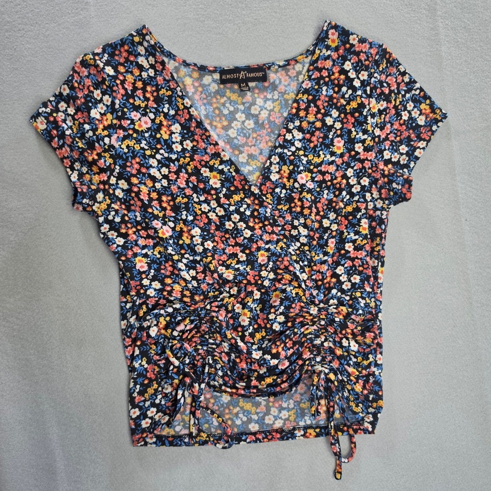 Almost Famous Cottagecore Ruched Front Ditsy Floral Top Size M Boho Y2K Black